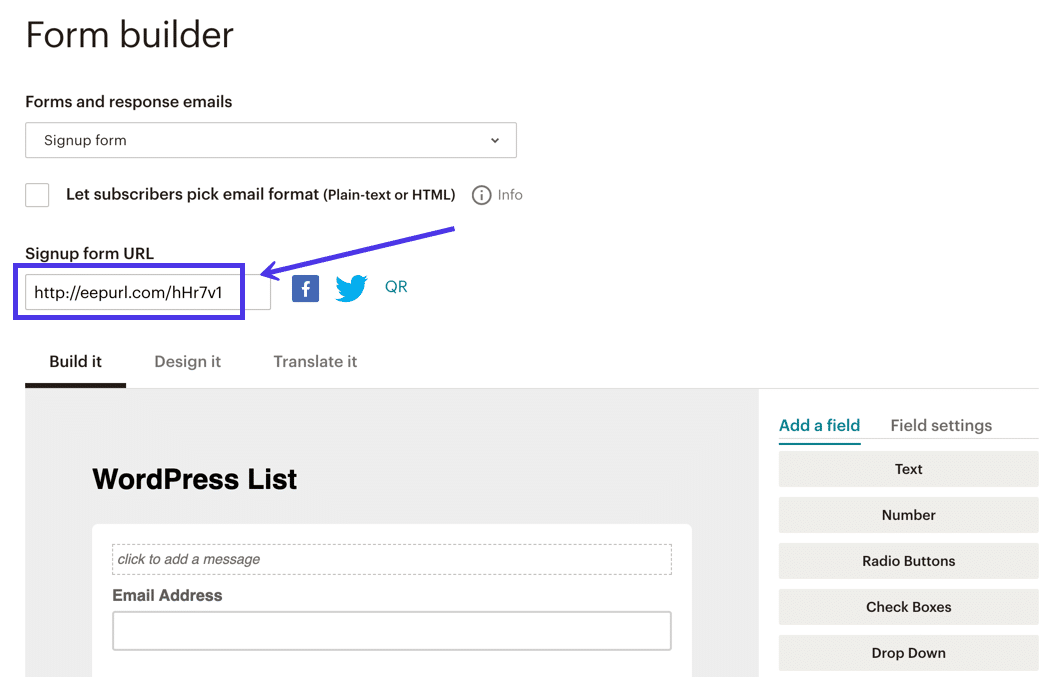 Il campo Signup Form URL nel Form Builder dove trovate l’URL da condividere