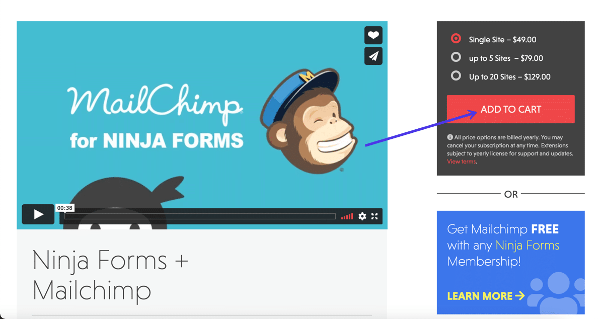 Die Mailchimp for Ninja Forms Erweiterung wird benötigt