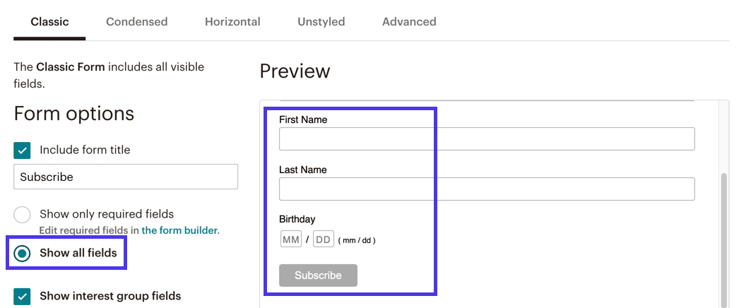 De “Show All Fields” knop " onthult velden zoals “First Name,” “Last Name,” en “Birthday”