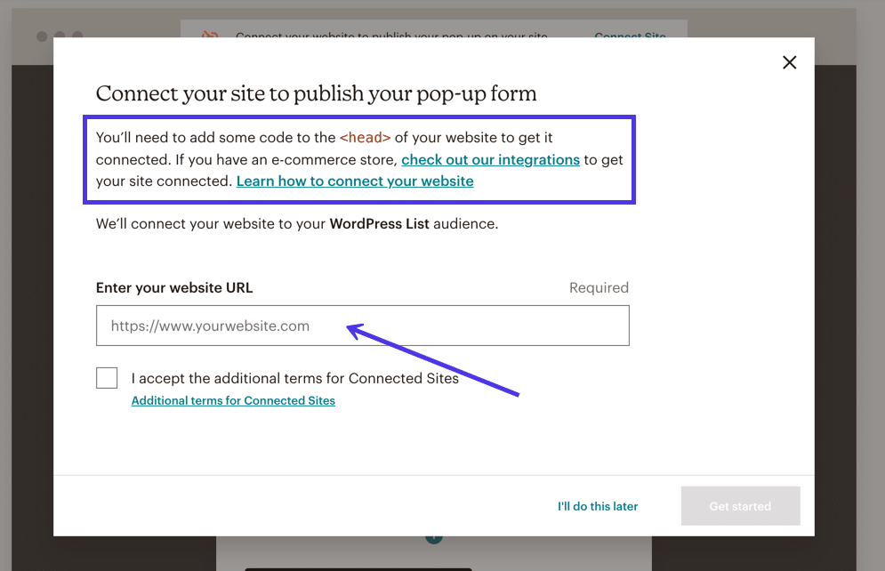 Per attivare un modulo pop-up form su WordPress, dovete inserire del codice nella sezione <head> del vostro sito e indicare a Mailchimp l’URL del vostro sito