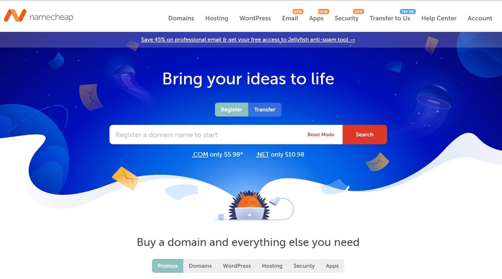 Die NameCheap.com Homepage