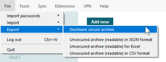 Menu di Dashlane con le opzioni per esportare le password