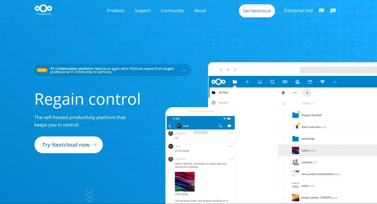 Homepage del sito di Nextcloud