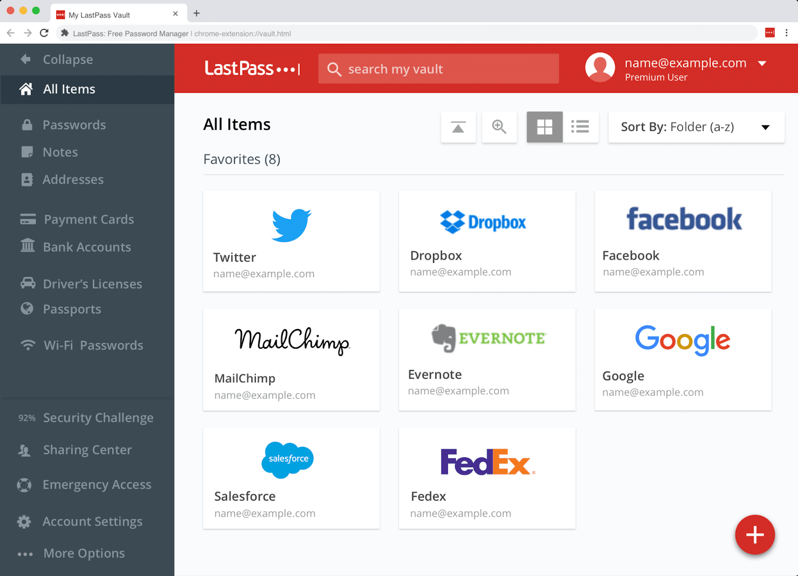 Comptes connectés dans le coffre-fort des mots de passe de LastPass.