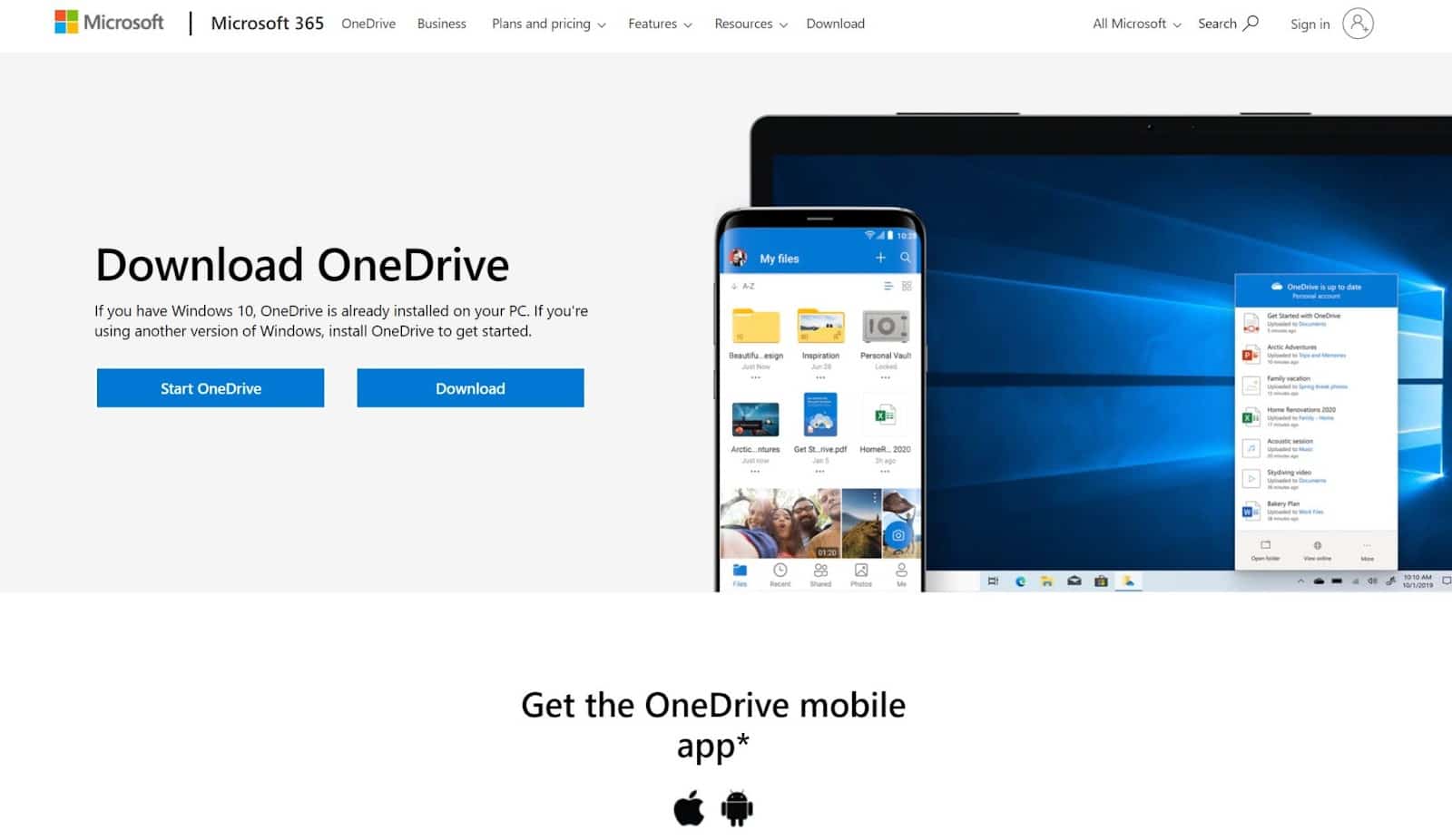 Página de inicio del sitio web de Microsoft OneDrive
