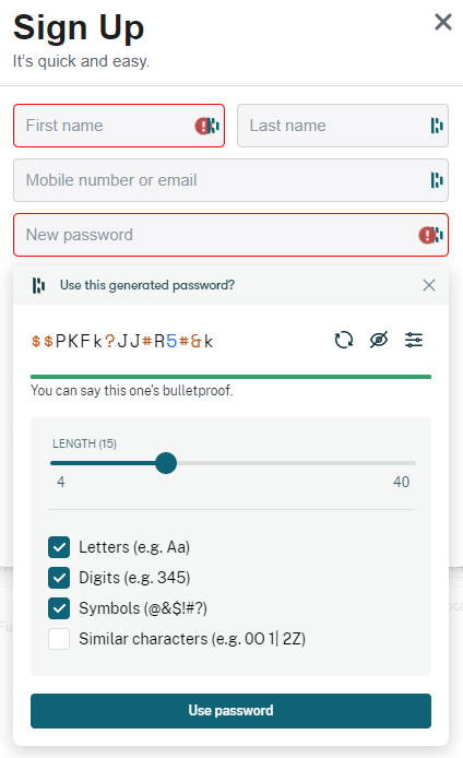 Dashlane che genera una password nel momento in cui dovete registrarvi con un modulo