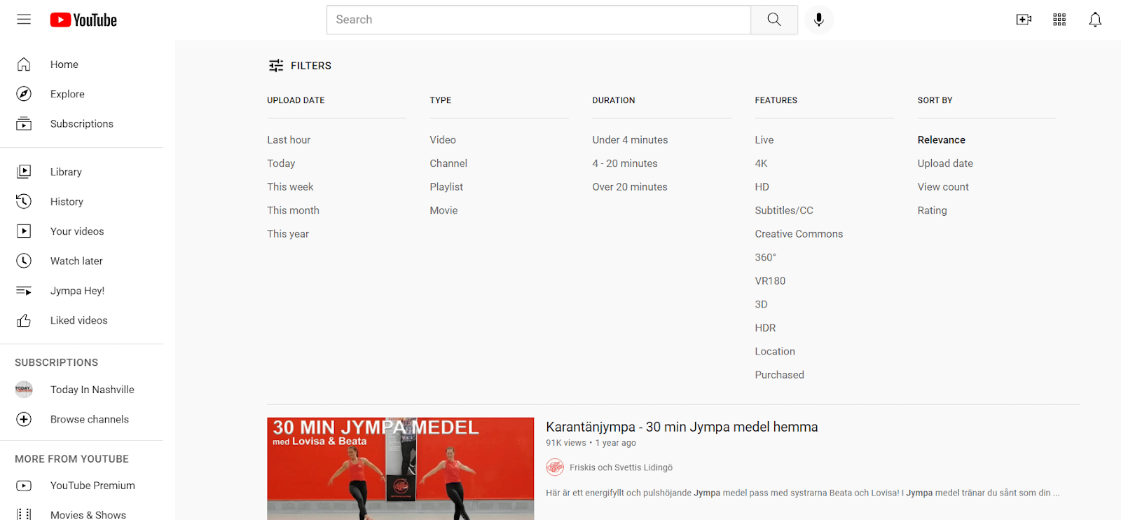 Pagina dei filtri di ricerca di YouTube