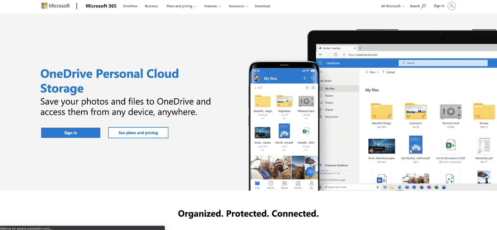 Página de inicio del sitio web de Microsoft OneDrive