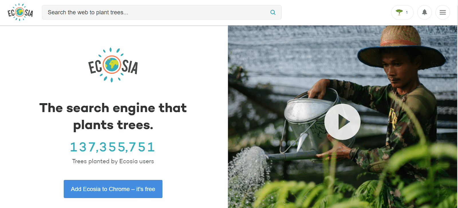 Homepage di Ecosia, il motore di ricerca eco-friendly