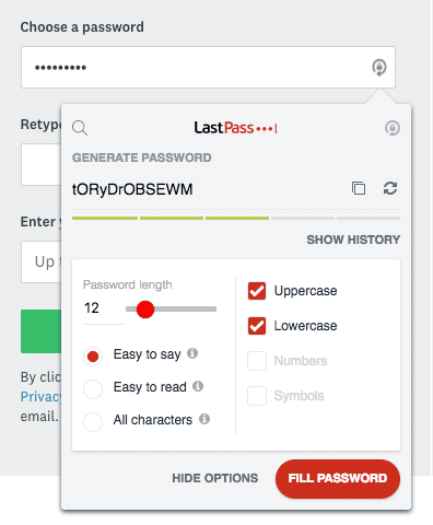 Schermata di generazione password di LastPass