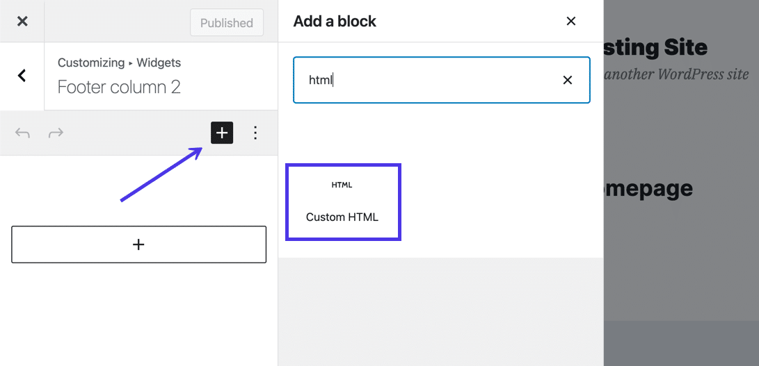Utilisez le panneau de recherche Ajouter un bloc pour trouver et choisir le bloc HTML personnalisé