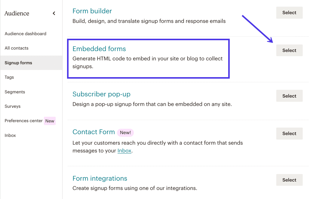 Gebruik de “Embedded Forms” optie om snel formulieren te genereren om in te sluiten met code op WordPress