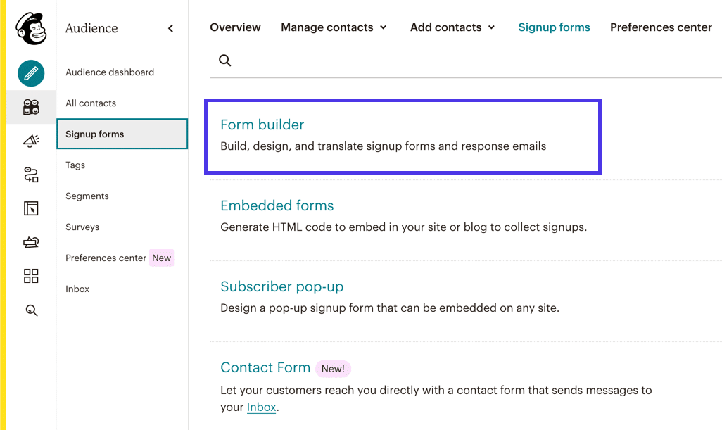 Opzione Form Builder nella sezione Signup Forms