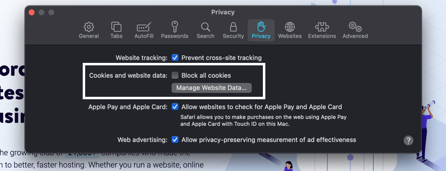 There are settings to block all of the cookies and manage all types of website data stored in the cache.
