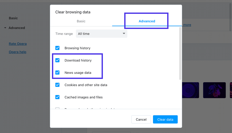 Consultez l'onglet Avancé d'Opera pour obtenir plus d'options de suppression des données.