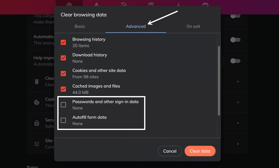 The Advanced tab offers additional cache clearing options.