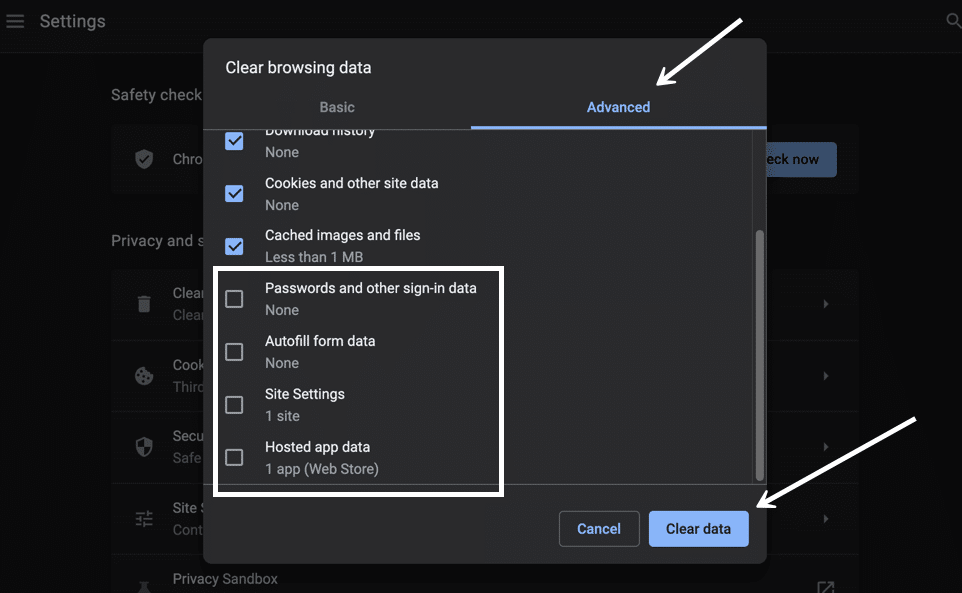 Het Advanced tabblad biedt meer data items om de cache op te schonen.