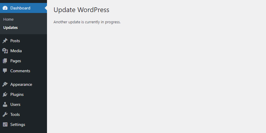 Tela de progresso de atualização do WordPress