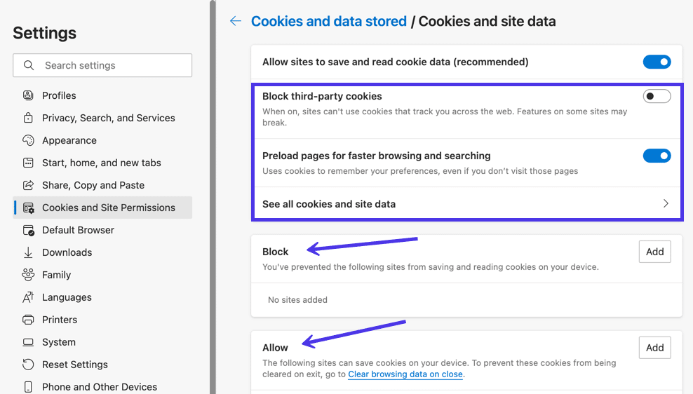 Administrer dine cookies og Bloker/Tillad-lister i Microsoft Edge.