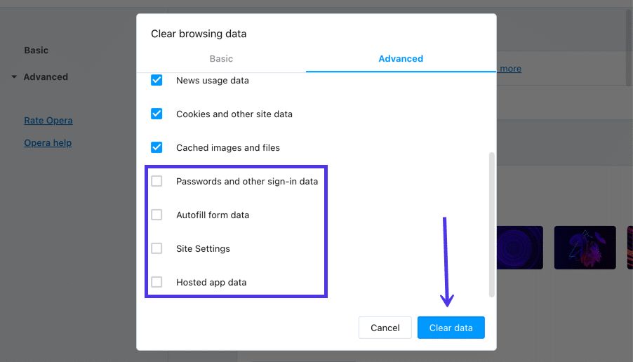 Vink de gewenste vakjes aan en klik vervolgens op Clear Data.