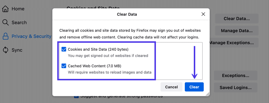 Opzioni per rimuovere i cookie, i dati del sito e il contenuto della cache.