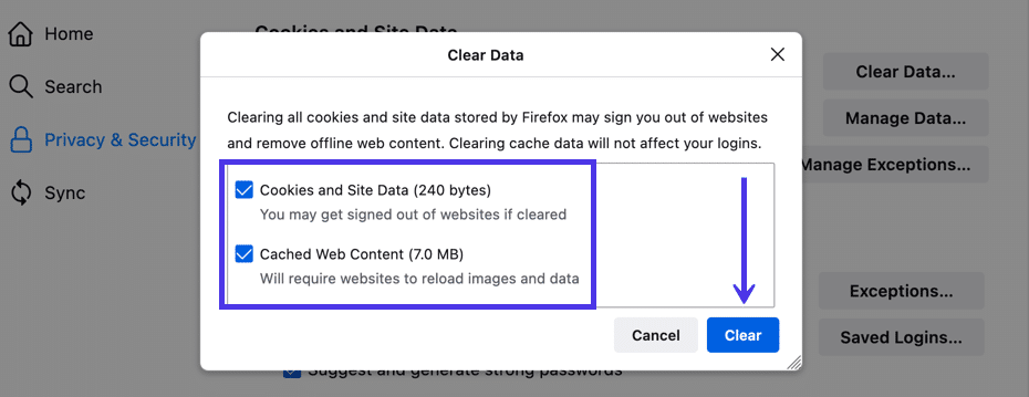 Elige eliminar las cookies, los datos del sitio y el contenido de la web en caché.