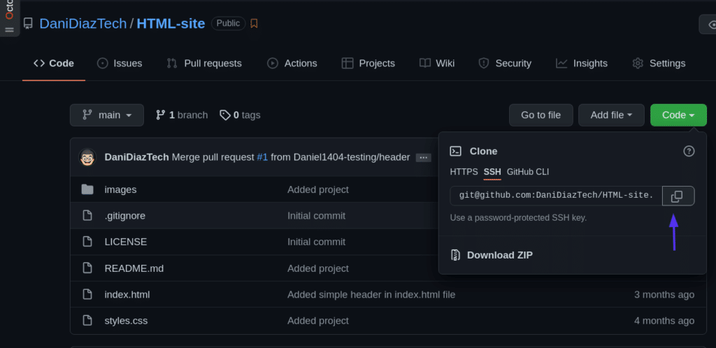 GitHub page showing SSH clone command.