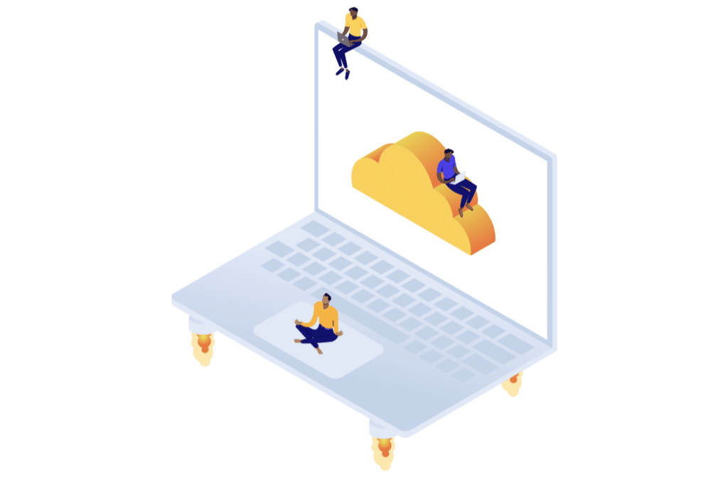 Illustratie van kleine menselijke figuren die op een gigantische laptop zitten, waarvan het scherm een andere figuur toont die op een gele wolk luiert.