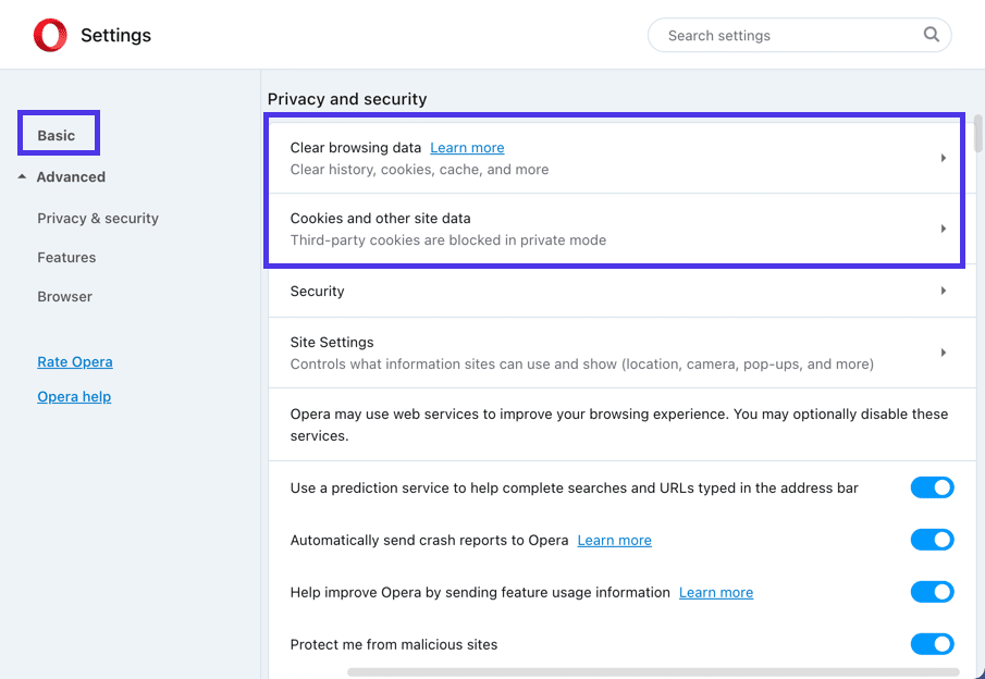 The Privacy and Security section offers more settings to clear your cache in Opera