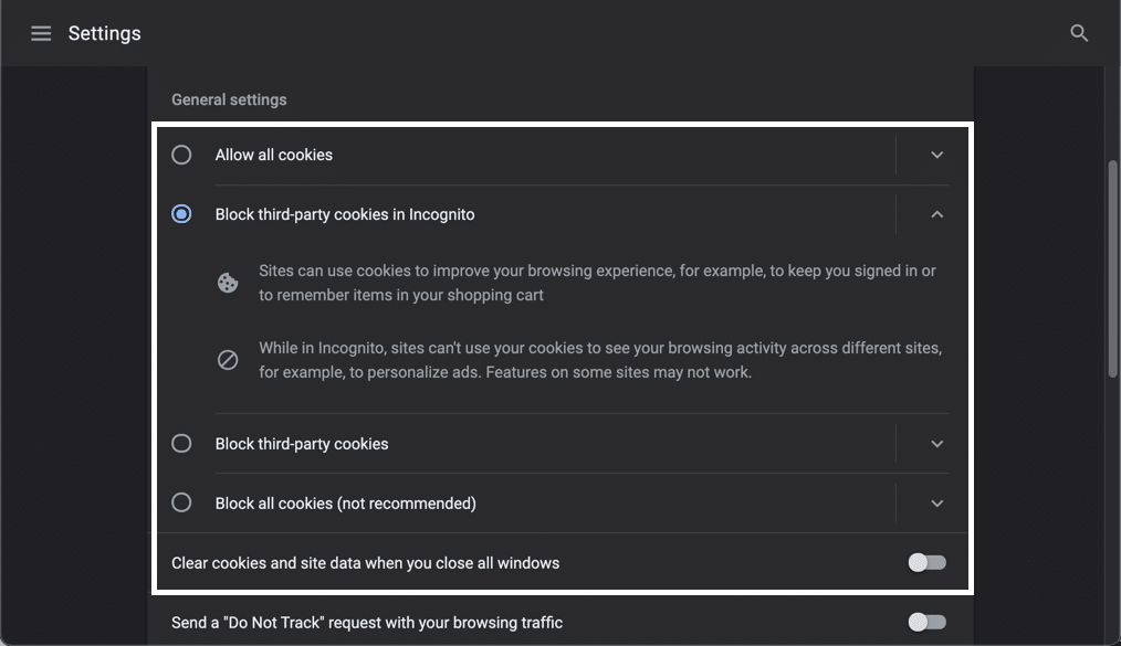 Elige bloquear ciertas cookies, permitir todas las cookies o borrar las cookies y los datos del sitio cuando cierres Google Chrome