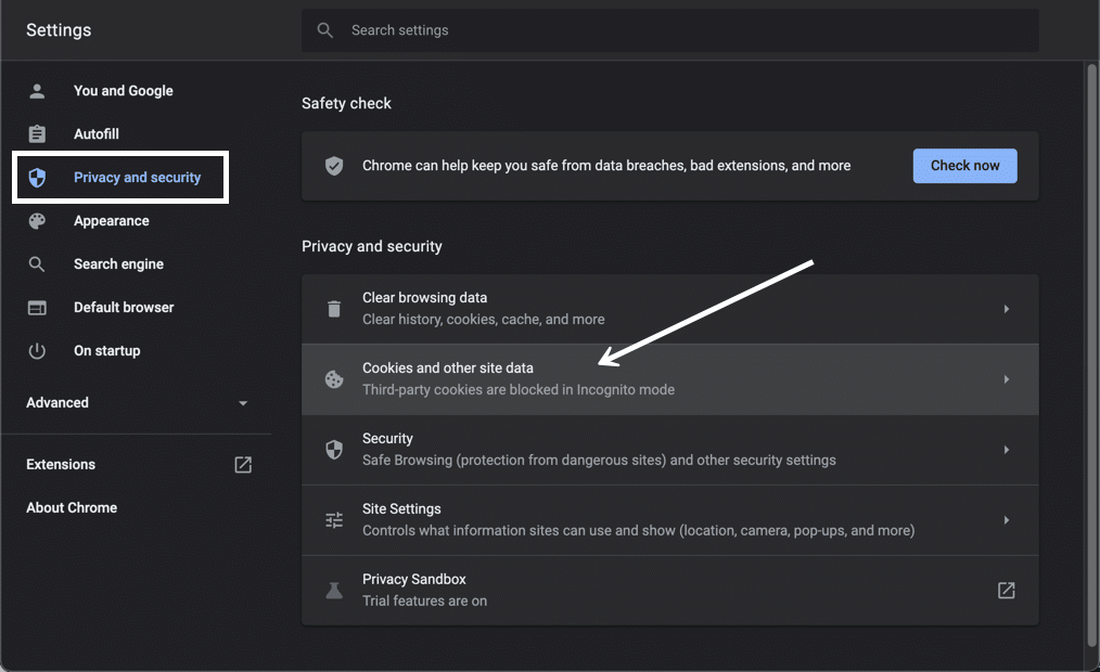 The Cookies and Other Site Data button helps with blocking or allowing specific cookies within the cache