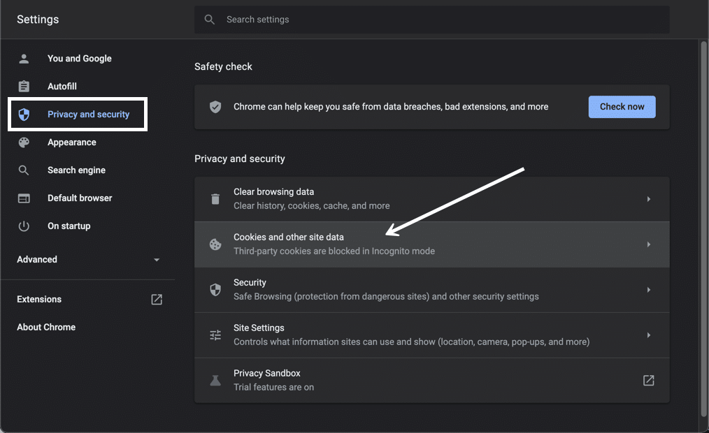 Il pulsante Cookies and Other Site Data aiuta a bloccare o permettere cookie specifici nella cache