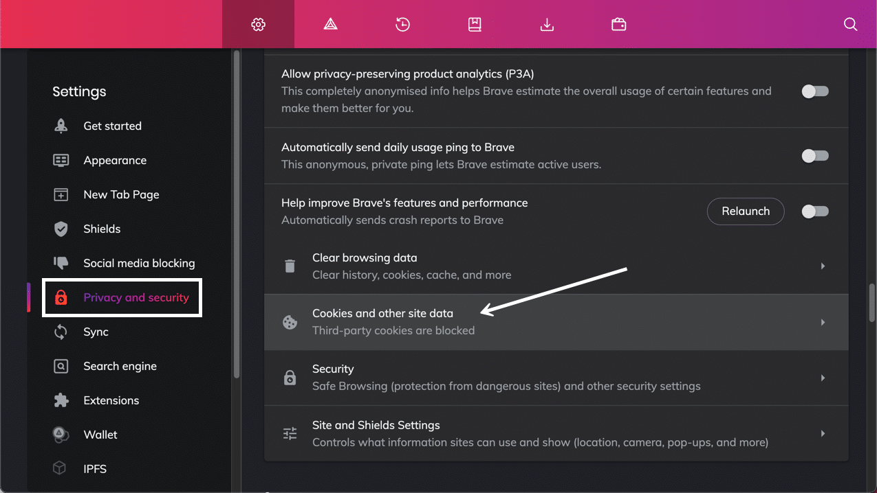 Gain full control over how cookies are stored in the Cookies and Other Site Data area.