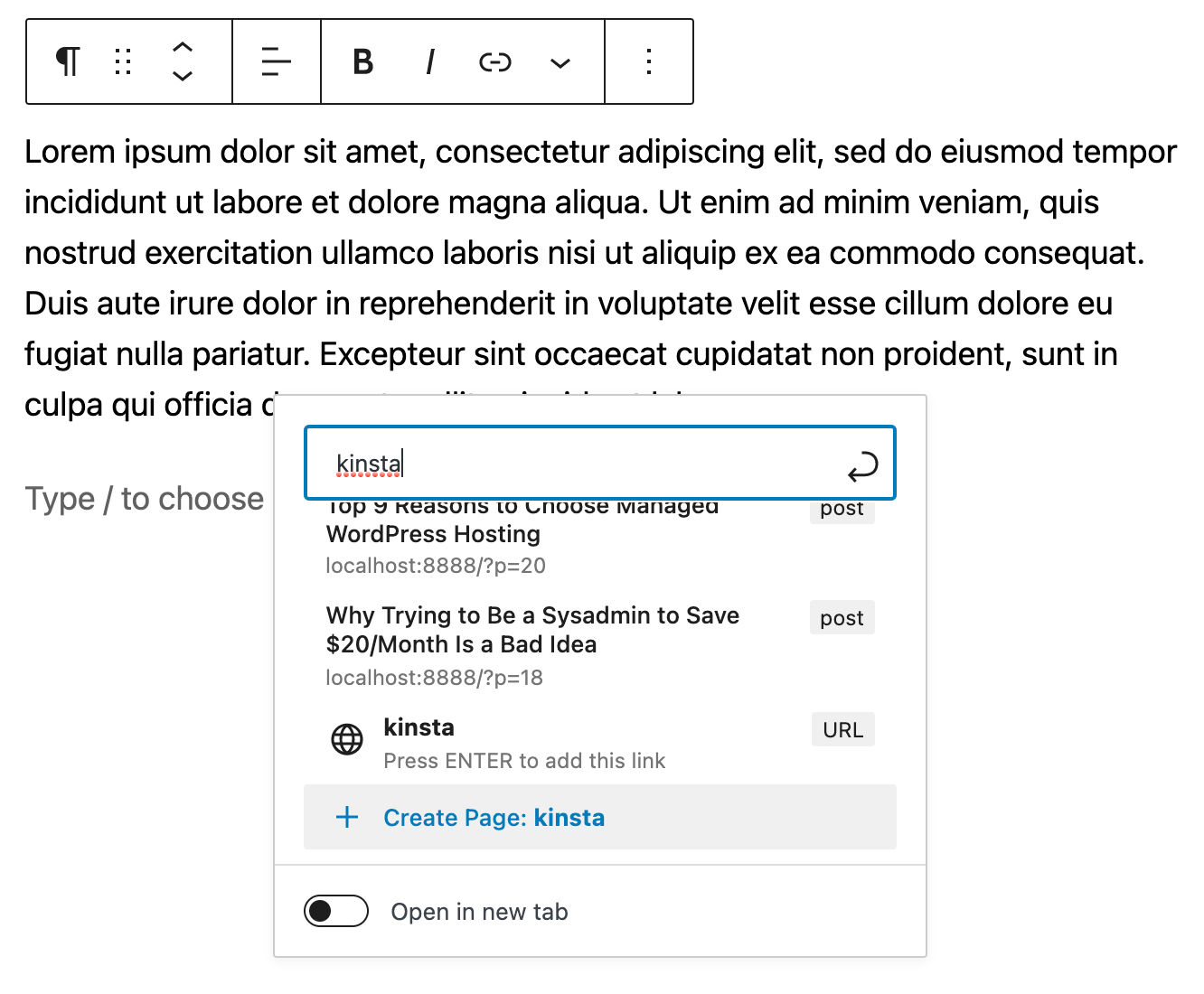 Create pages from link popup.