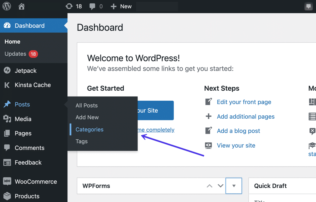O submenu Posts no painel de controle do WordPress, com uma seta roxa apontando para a opção "Categories" submenu.