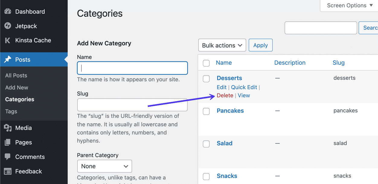 Scroll over a category and choose the “Delete” link.