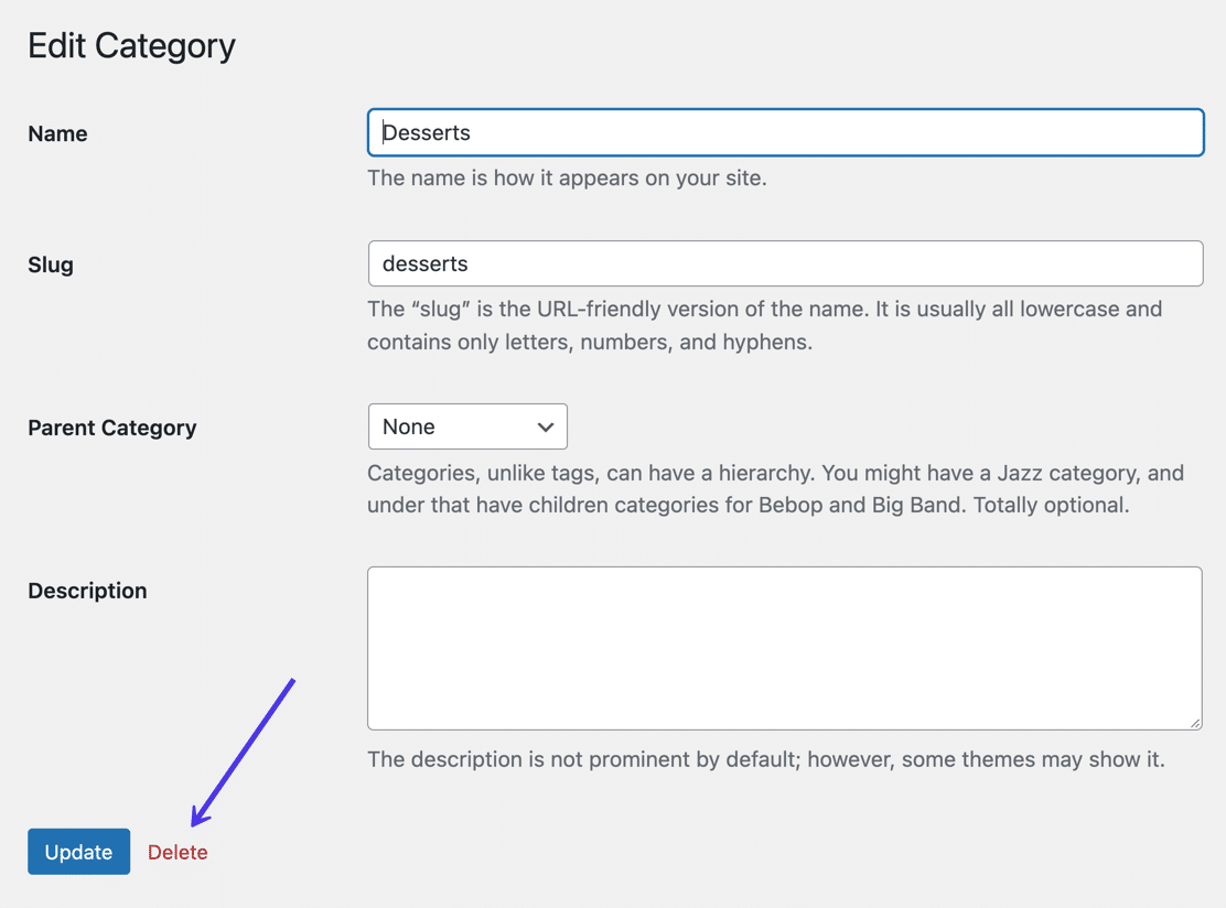 En la parte inferior de cada página "Editar categoría" hay un enlace "Eliminar".