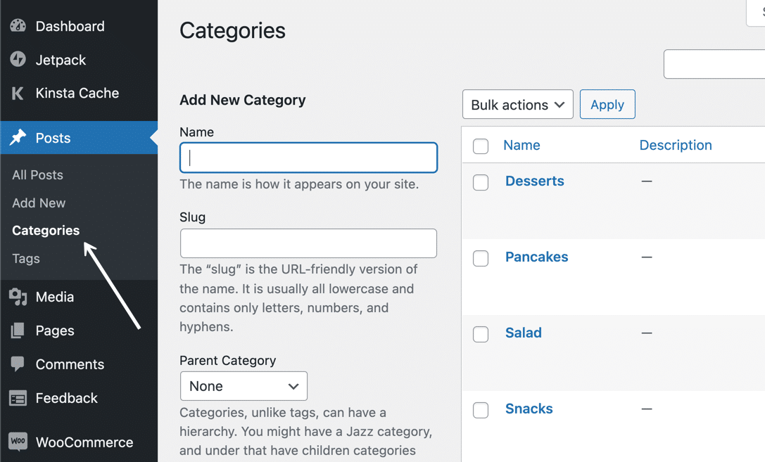 Navegue para "Posts" > "Categories" no painel do WordPress.