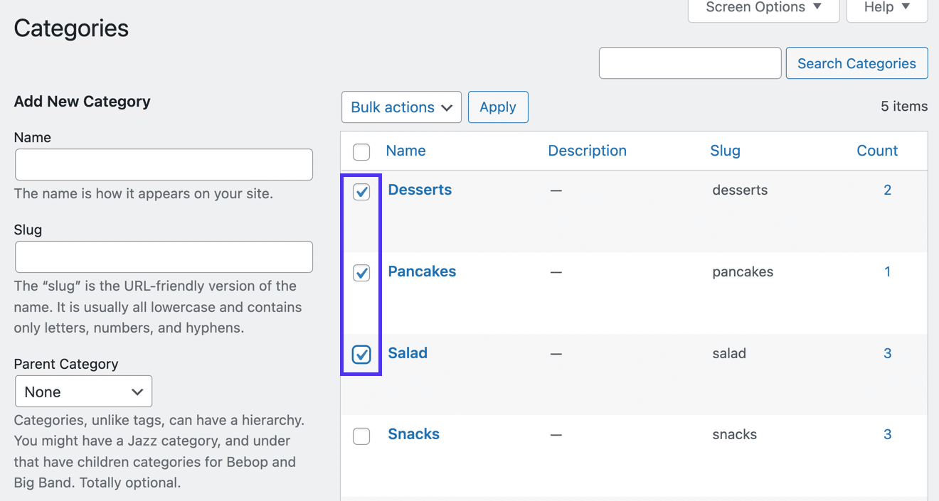 Caixas de seleção para todas as categorias que você deseja excluir em bloco