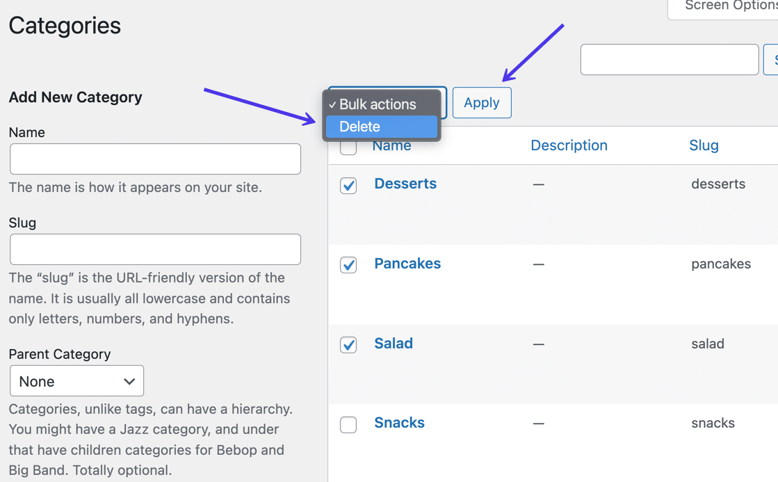 Select “Bulk Actions” > “Delete,” then “Apply.”