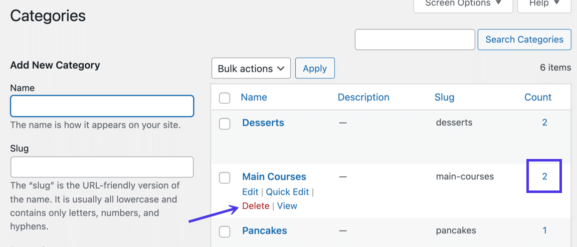 delete button - how to delete categories in WordPress