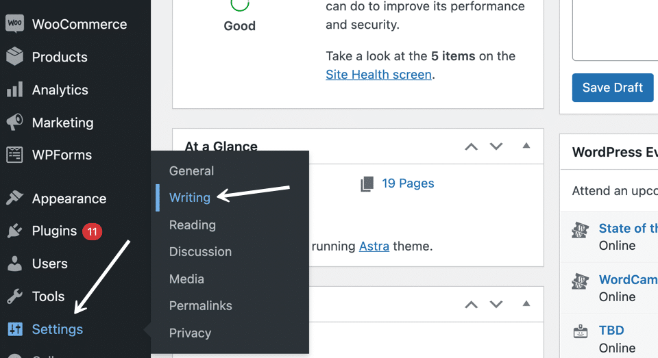 Navigate to “Settings” > “Writing” to change the default post category.