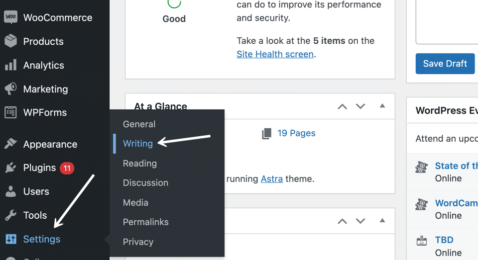 Navegue até "Settings" > "Writing" para mudar a categoria padrão de artigos