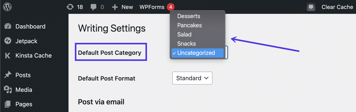 Selecione uma categoria diferente para definir a "Default Post Category"