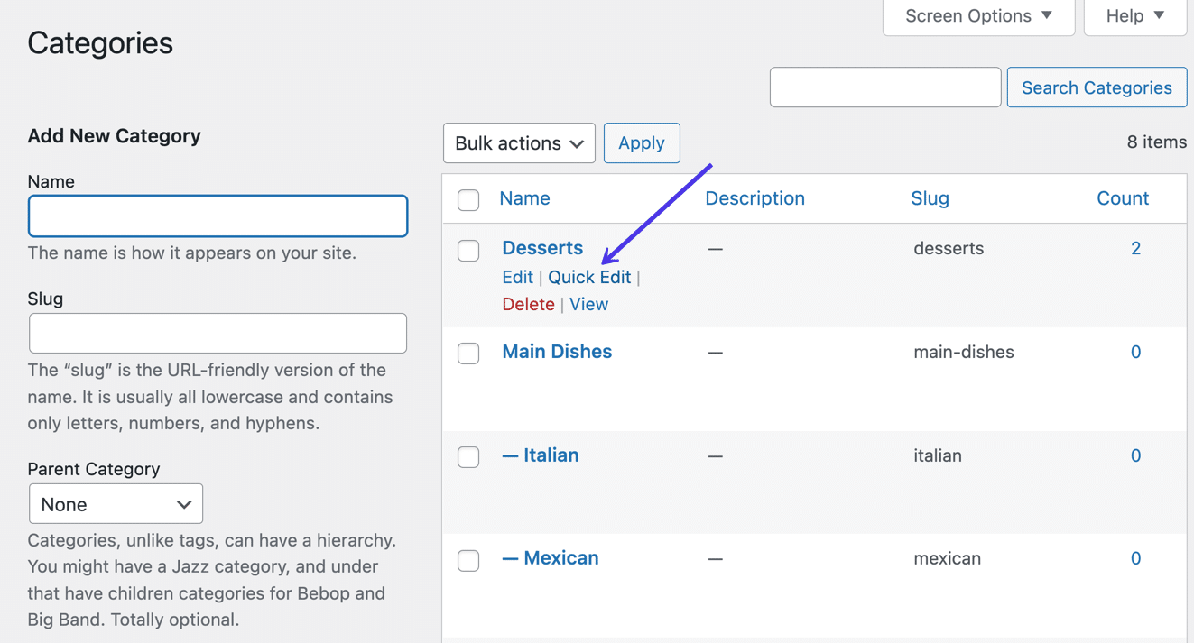 Mueve el cursor sobre una categoría y haz clic en el enlace "Edición rápida"