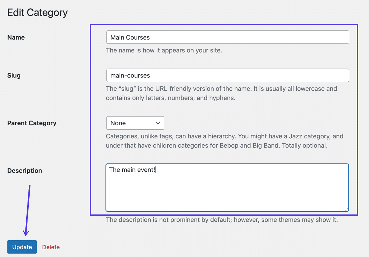 Edit the “Name,” “Slug,” “Parent Category,” and “Description” fields on the “Edit Category” page.