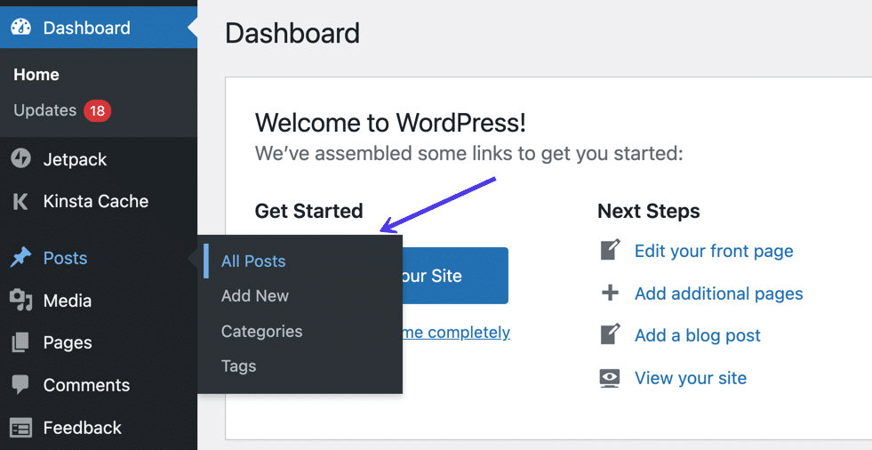 Gehe zu "Beiträge" > "Alle Beiträge" im WordPress-Dashboard