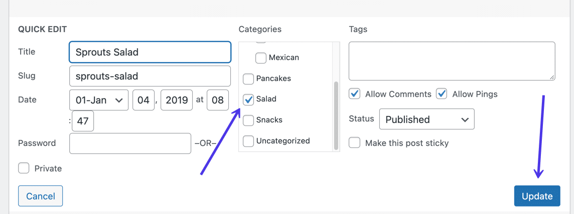 Desmarca la categoría actual o elija una nueva, luego haga clic en Actualizar.