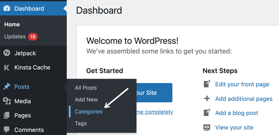 Click on “Posts” > “Categories” in the dashboard.