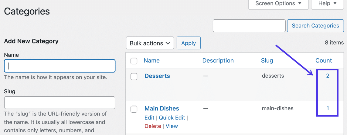 count number - how to delete categories in WordPress